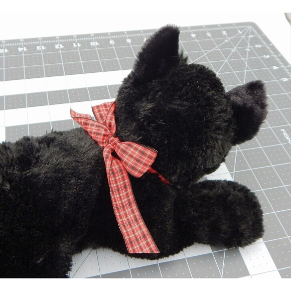 Aurora Scottish Terrier Puppy Dog 12" Black Stuffed Plush With Red Plaid Bow - Picture 11 of 11